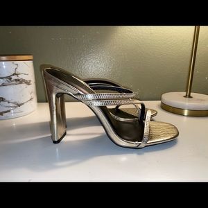 MISS LOLA Gold Croc Block Heeled Sandals